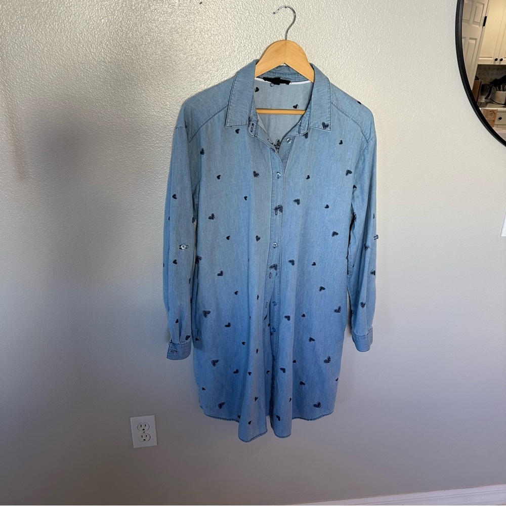 Jane+Delancey Blue Chambray Embroidered Long Sleeve Button Up Jean Dress, M